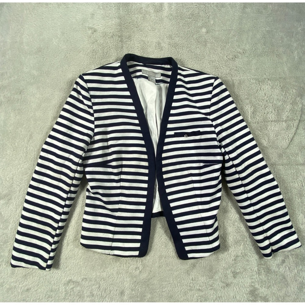 H&M‎ Blazer Jacket Womens 8 Navy White Striped Open Front Career Formal Business